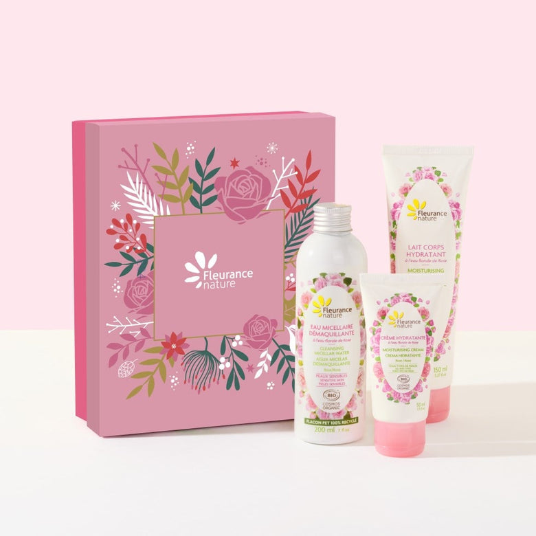 Coffret Rose Délicate bio, eau micellaire, crème visage et lait corps à la rose