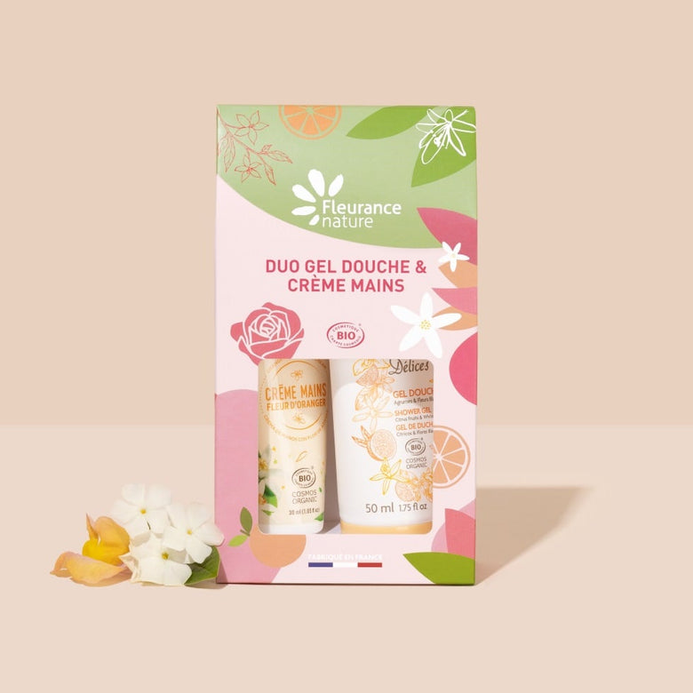 Duo gel douche et crème mains bio Agrumes & Fleur d'Oranger Fleurance Nature, en pochette