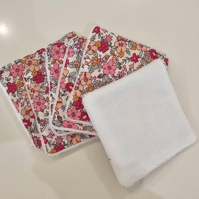 Lot de 6 lingettes démaquillantes lavables, imprimé fleuri rose et pêche, face éponge bambou – Lysis Cosmétique by Mom'zl