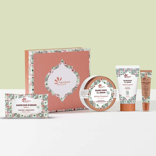 Coffret Secrets d'Argan bio, baume corps, savon, baume lèvres et shampooing à l'huile d'argan