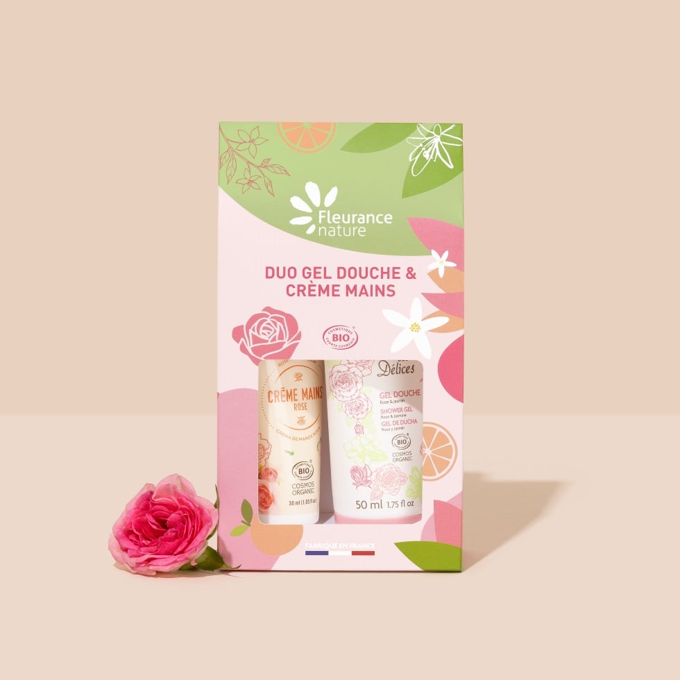 Duo gel douche et crème mains bio à la Rose Fleurance Nature, en pochette