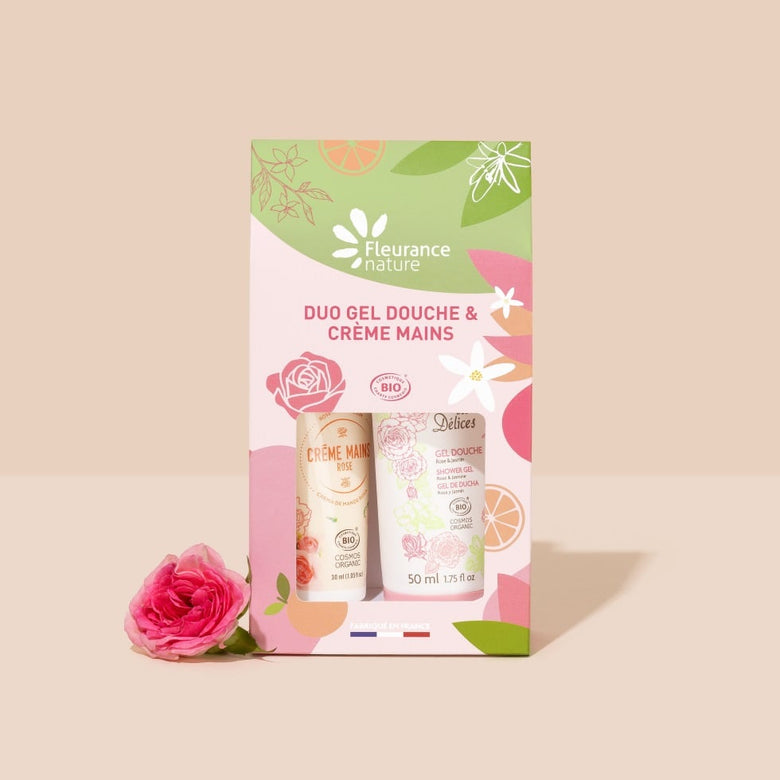 Duo gel douche et crème mains bio à la Rose Fleurance Nature, en pochette