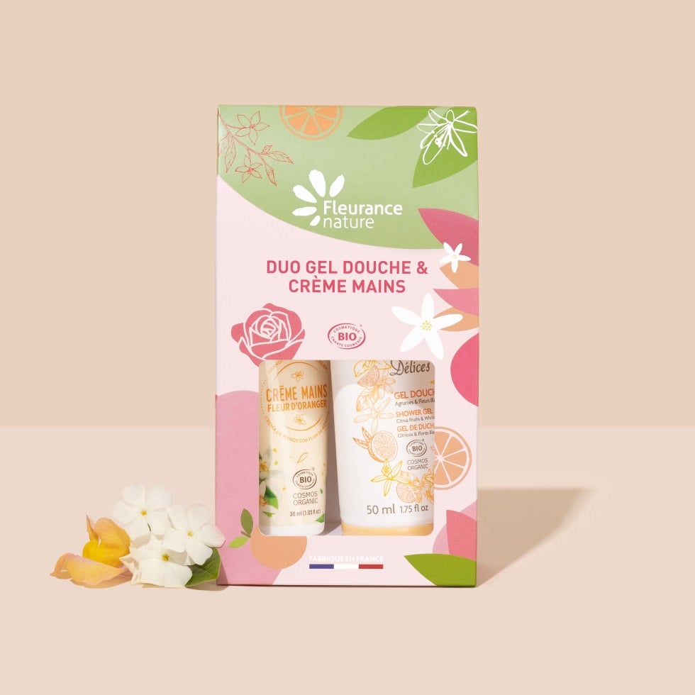 Duo gel douche et crème mains bio Agrumes & Fleur d'Oranger Fleurance Nature, en pochette