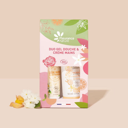 Duo gel douche et crème mains bio Agrumes & Fleur d'Oranger Fleurance Nature, en pochette