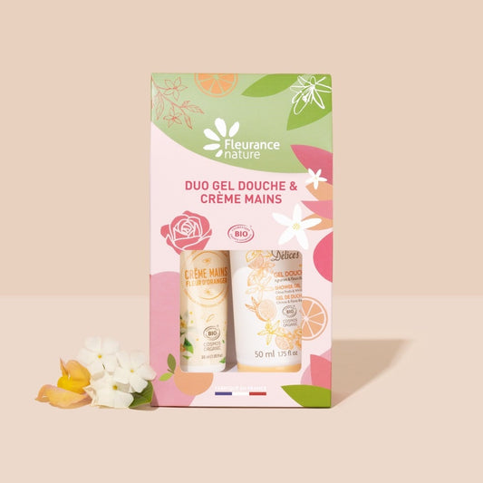 Duo gel douche et crème mains bio Agrumes & Fleur d'Oranger Fleurance Nature, en pochette
