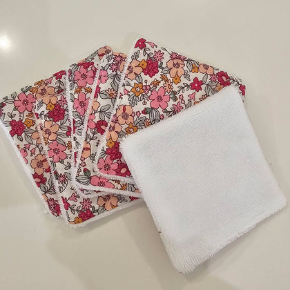 Lot de 6 lingettes démaquillantes lavables, imprimé fleuri rose et pêche, face éponge bambou – Lysis Cosmétique by Mom'zl